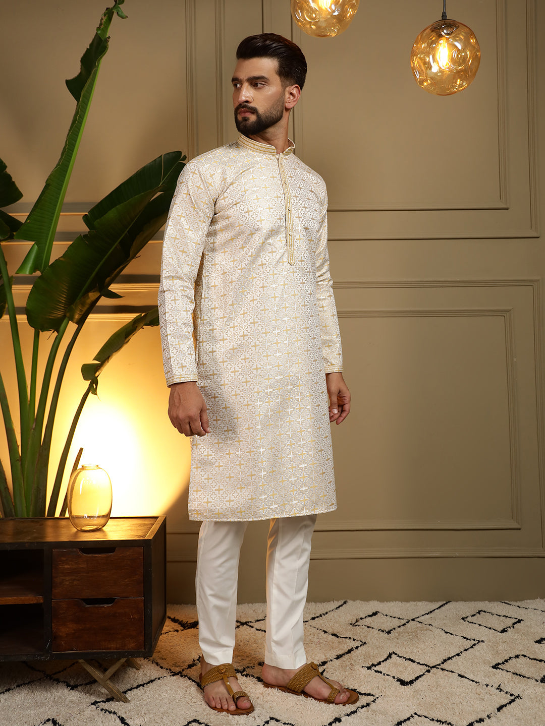 Mustard Jacquard Woven Kurta with Pajama for Traditional Events