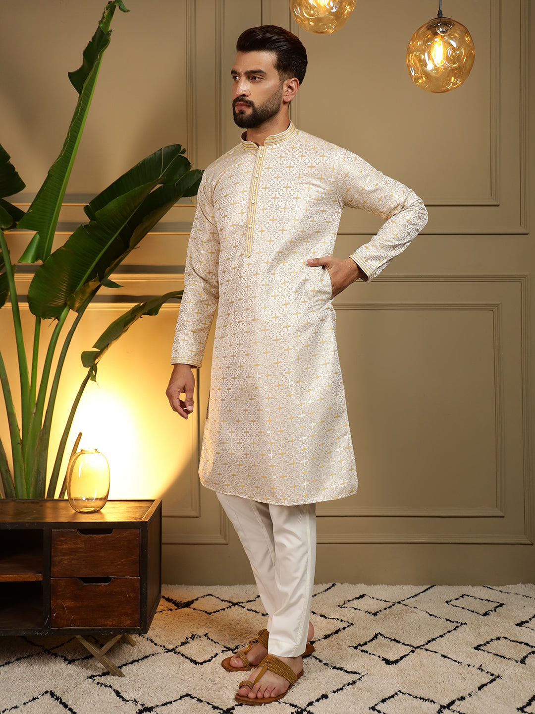 Mustard Jacquard Woven Kurta with Pajama for Traditional Events