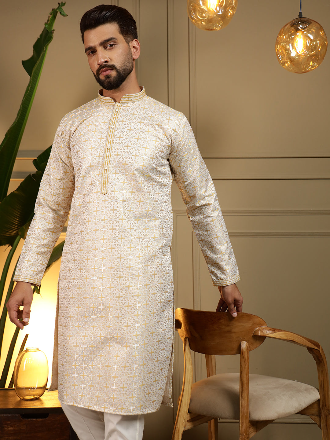 Mustard Jacquard Woven Kurta with Pajama for Traditional Events