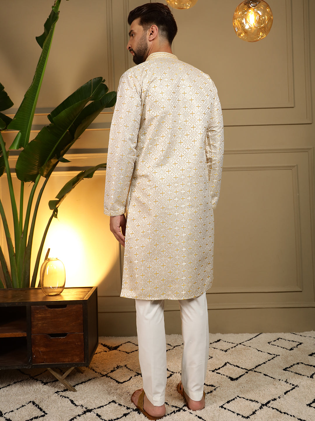 Mustard Jacquard Woven Kurta with Pajama for Traditional Events