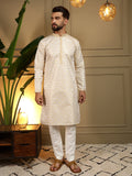 Mustard jacquard woven kurta with matching pajama set for boys, front view.
