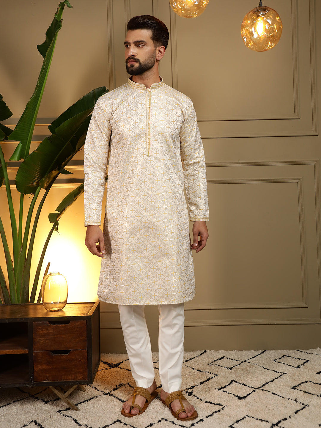 Mustard jacquard woven kurta with matching pajama set for boys, front view.
