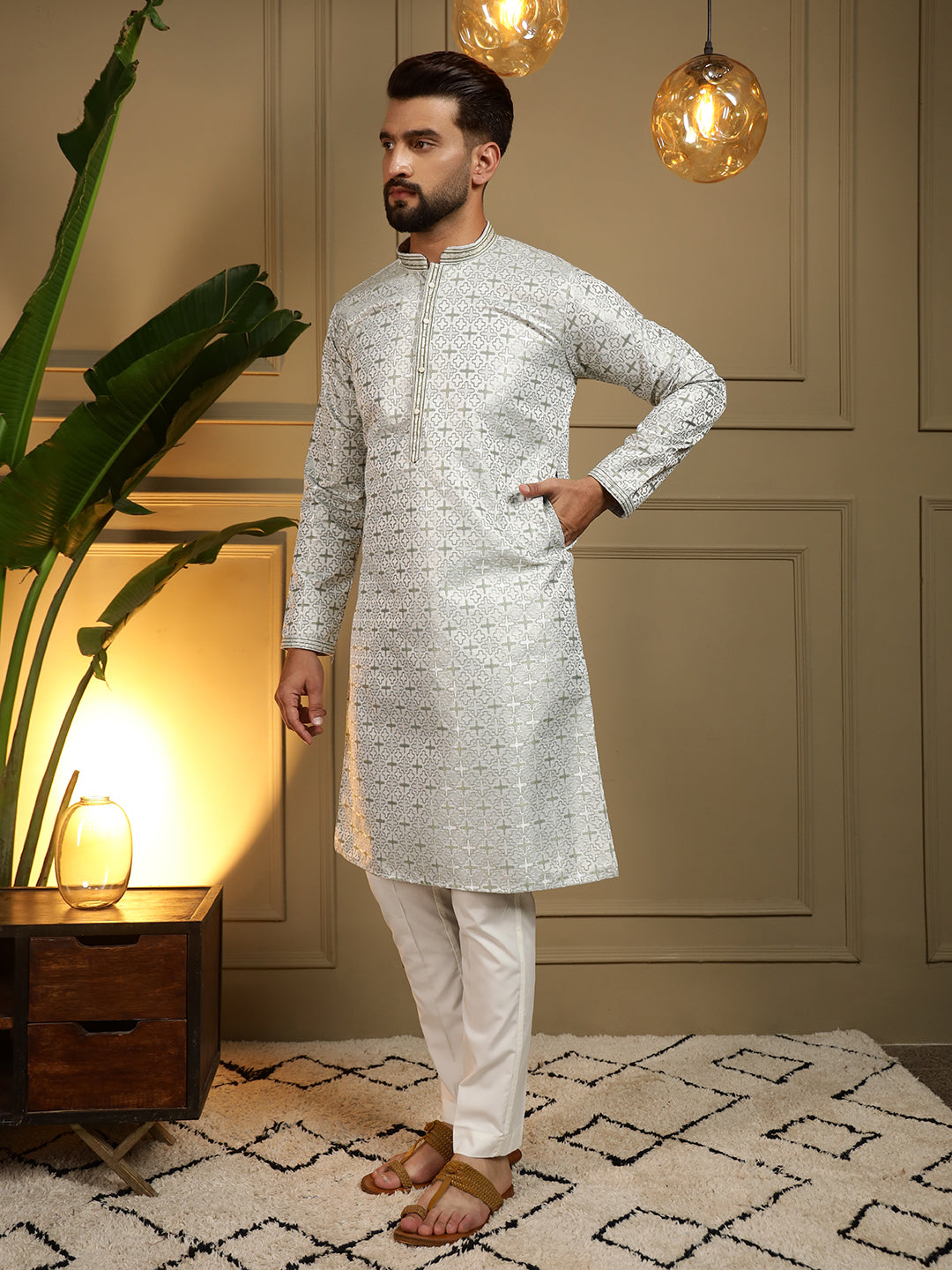 Men's Mehendi Jacquard Woven Kurta with Pajama Set - Traditional