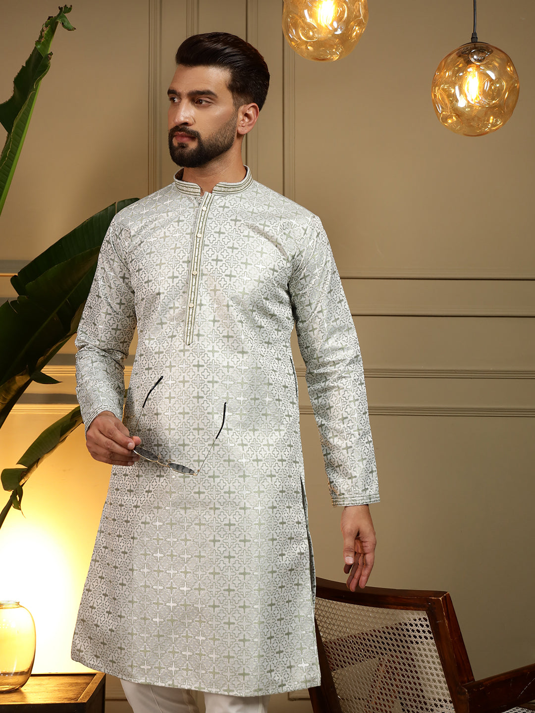 Men's Mehendi Jacquard Woven Kurta with Pajama Set - Traditional