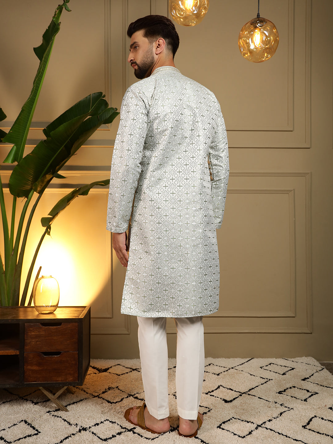 Men's Mehendi Jacquard Woven Kurta with Pajama Set - Traditional