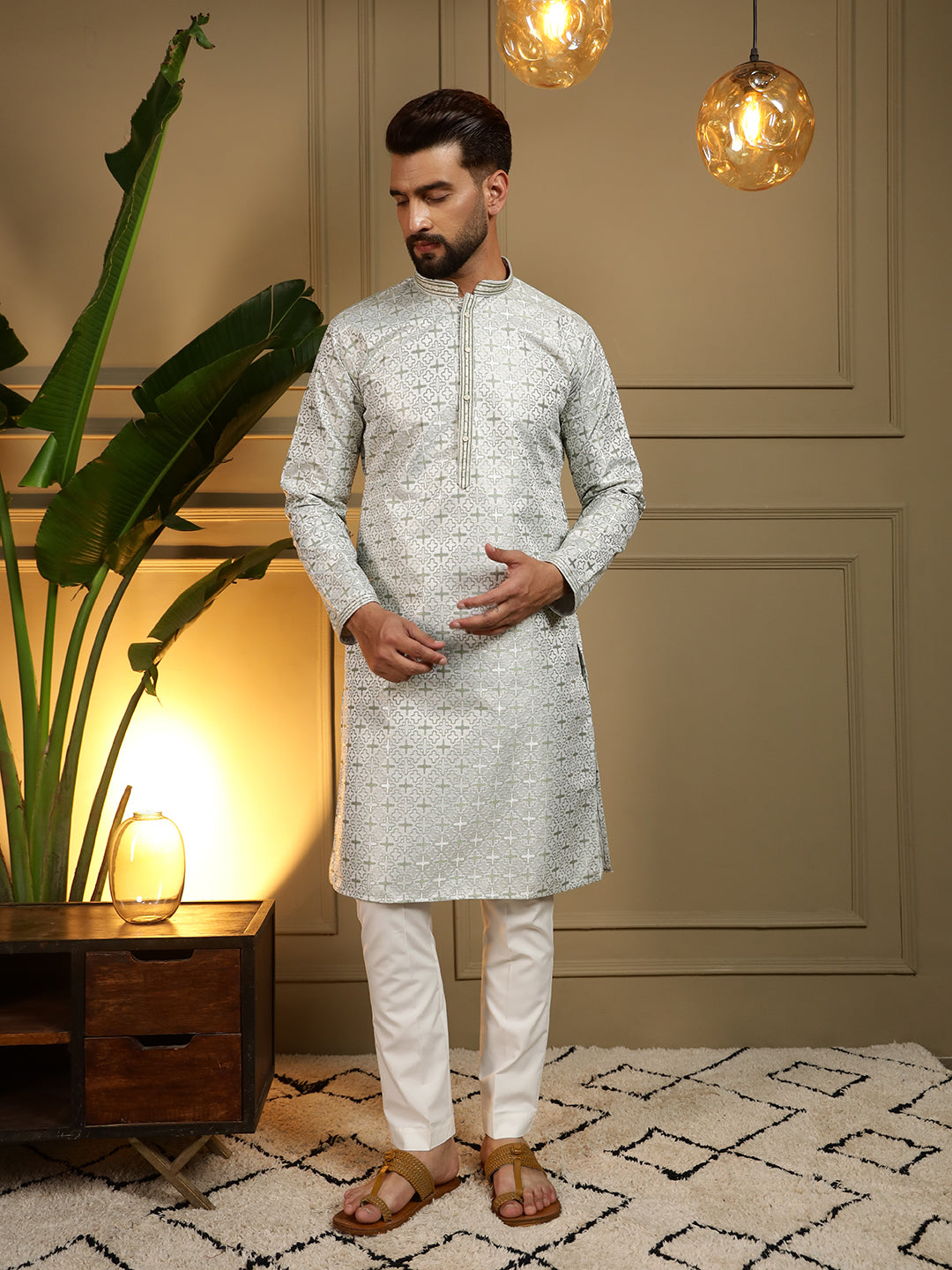 Men's Mehendi Jacquard Woven Kurta with Pajama Set - Traditional