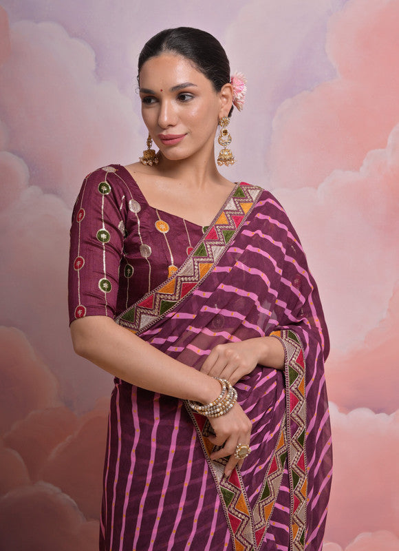 Wine Georgette Saree with Coding Sequence Work and Blouse