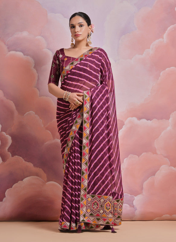 Sophisticated wine georgette saree with sequence coding work and matching blouse
