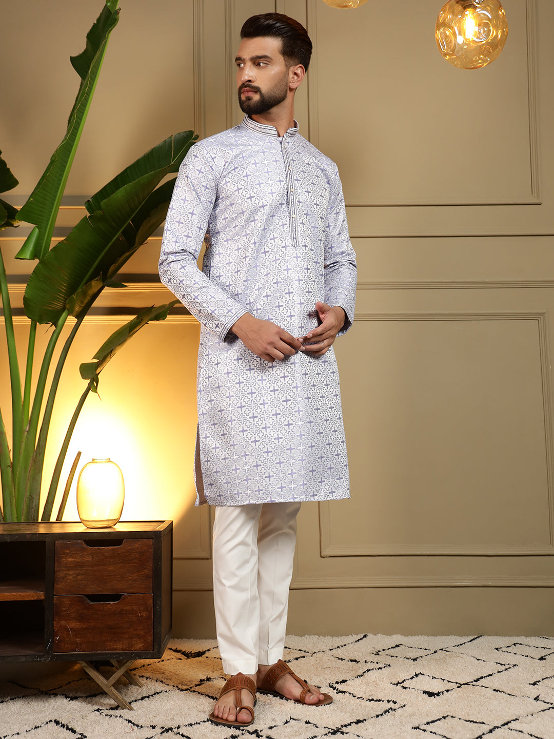 Men's Grey Jacquard Woven Kurta with Semi Cot Pajama Set