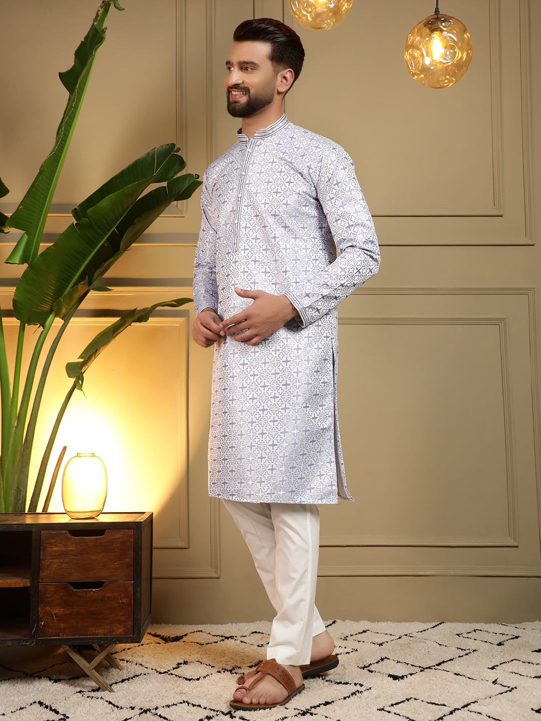 Men's Grey Jacquard Woven Kurta with Semi Cot Pajama Set