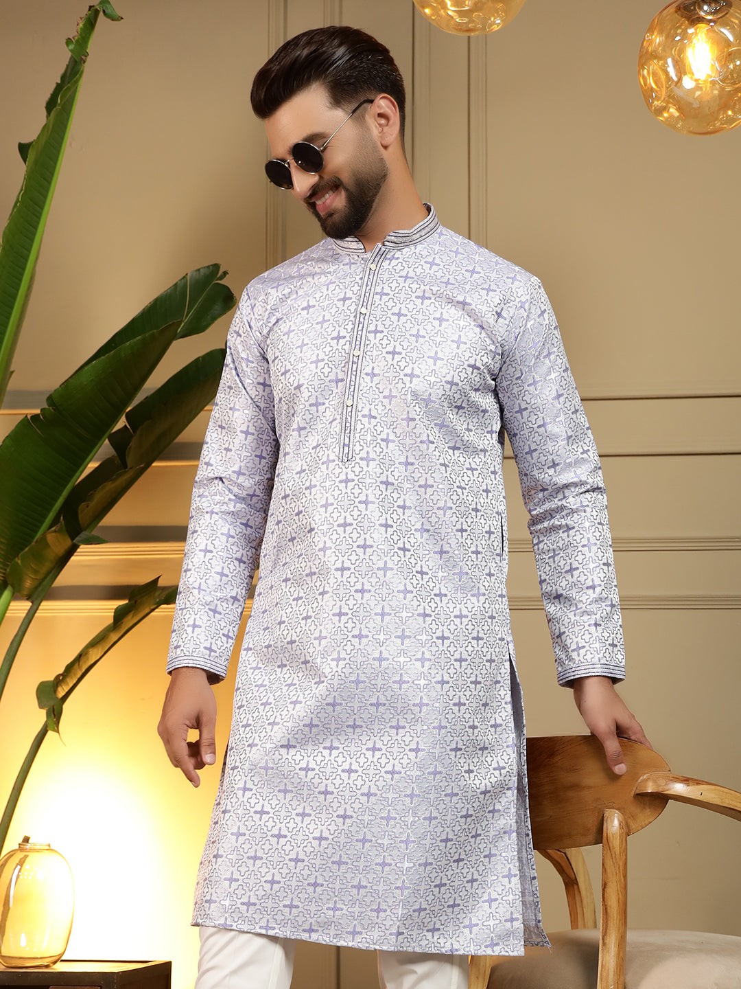 Men's Grey Jacquard Woven Kurta with Semi Cot Pajama Set