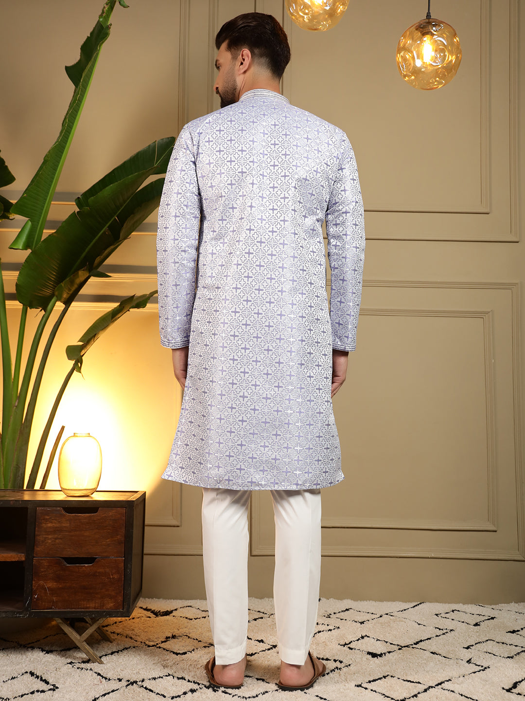 Men's Grey Jacquard Woven Kurta with Semi Cot Pajama Set