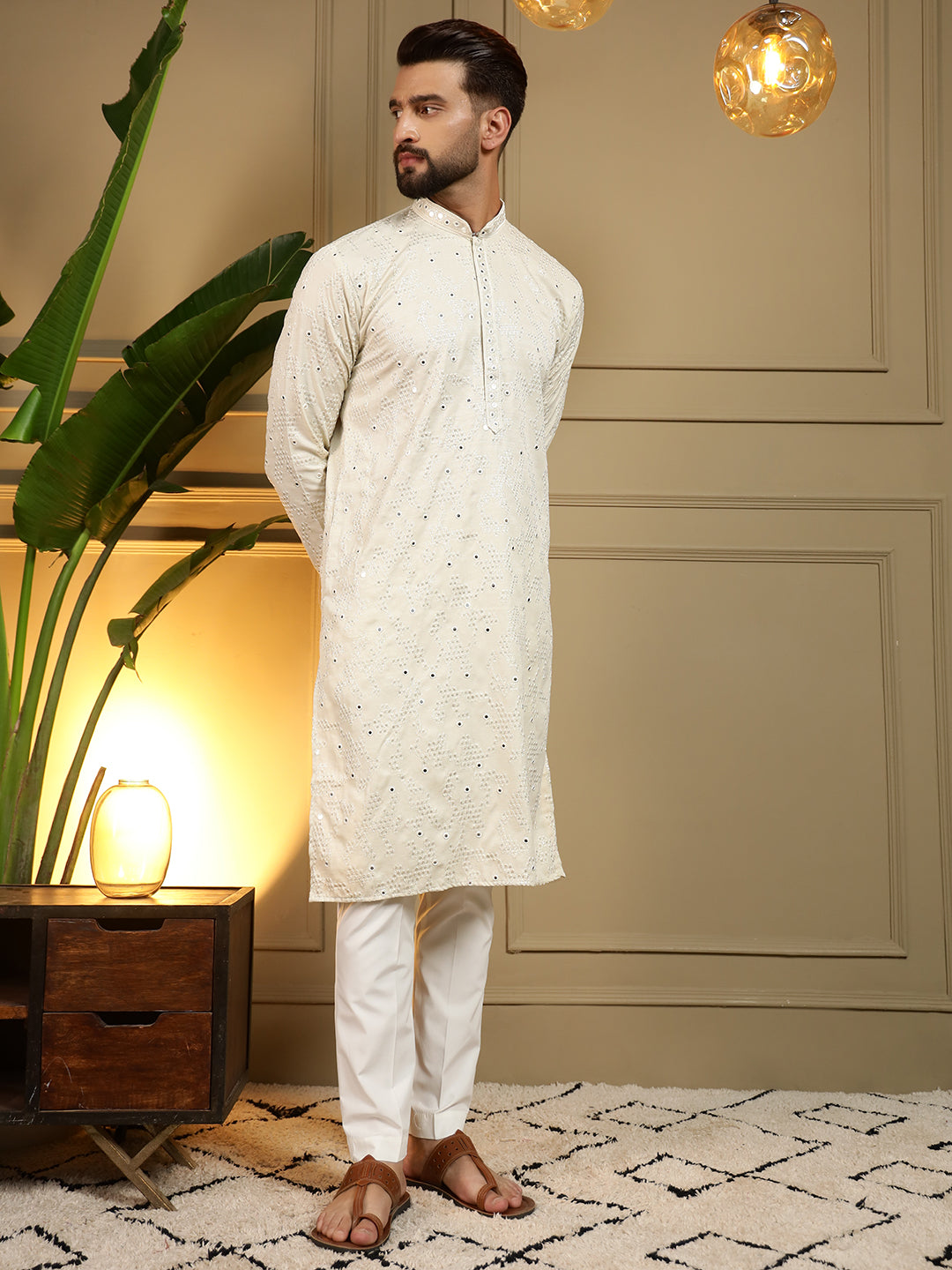 Off White Mirror Embroidery Kurta and Pajama Set for Boys