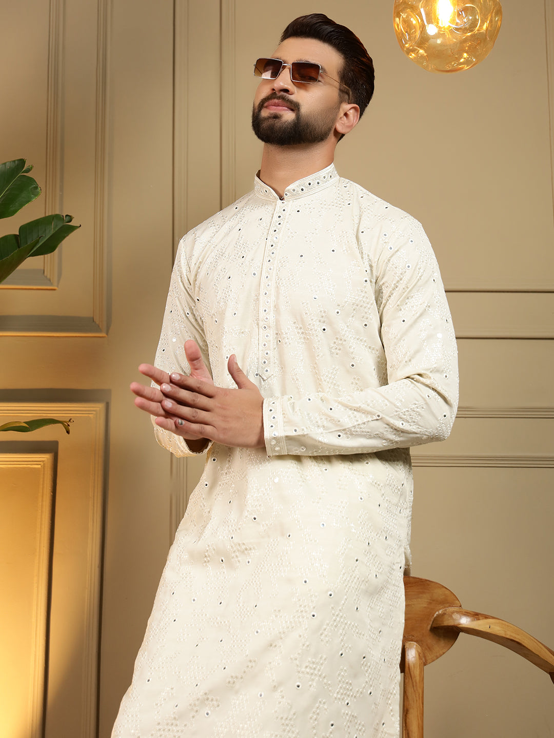 Off White Mirror Embroidery Kurta and Pajama Set for Boys
