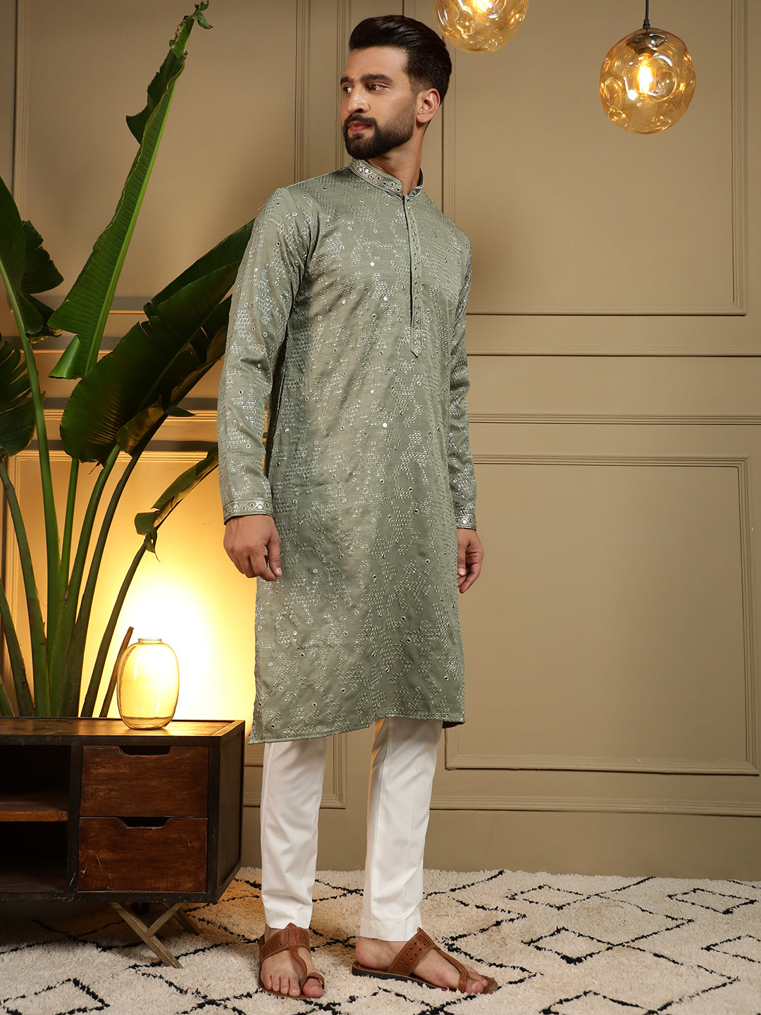 Green Mirror Embroidery Kurta and Pajama Set for Toddler Boys