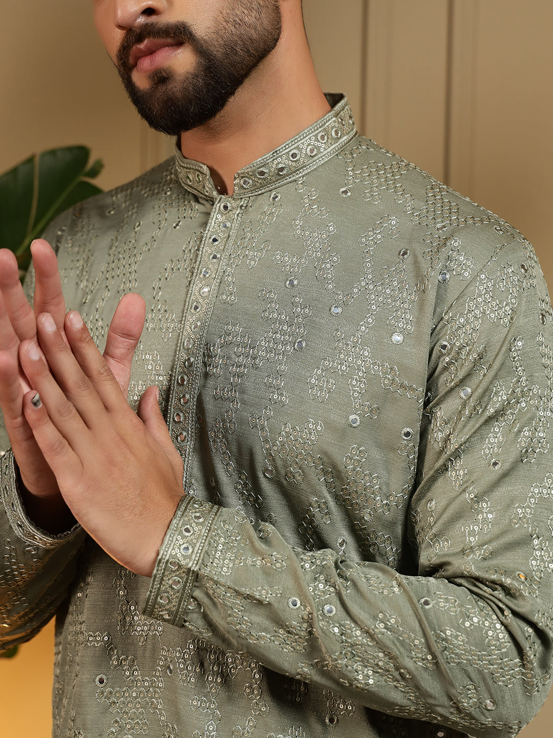 Green Mirror Embroidery Kurta and Pajama Set for Toddler Boys