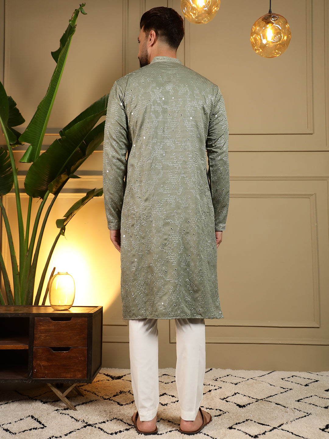 Green Mirror Embroidery Kurta and Pajama Set for Toddler Boys