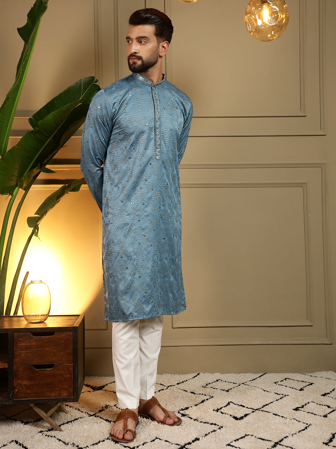 Firozi Mirror Embroidery Kurta with Pajama Set for Boys
