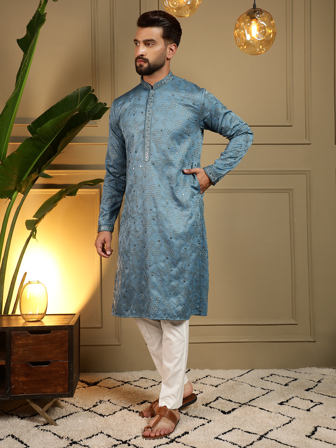 Firozi Mirror Embroidery Kurta with Pajama Set for Boys