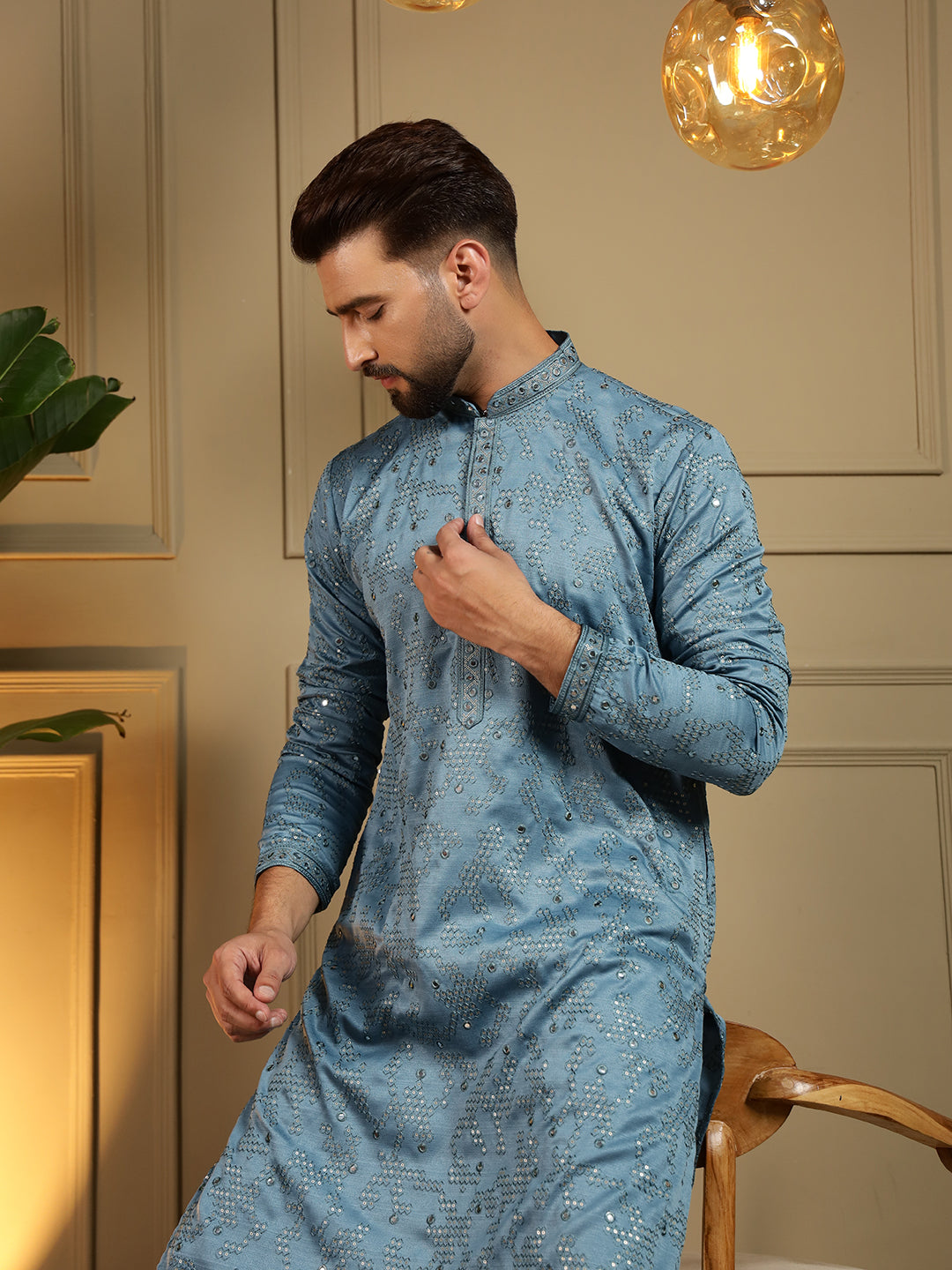 Firozi Mirror Embroidery Kurta with Pajama Set for Boys