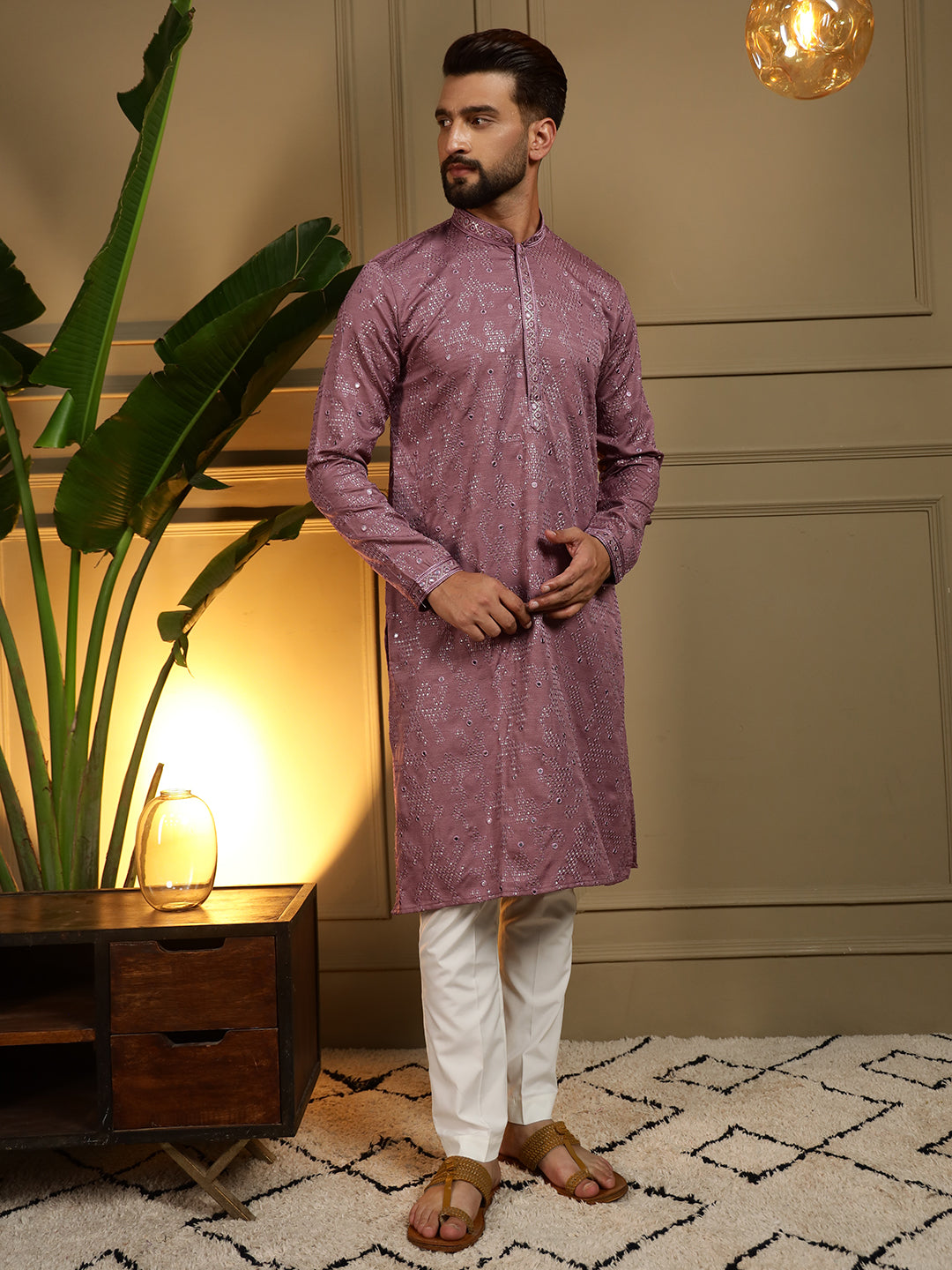 Wine Mirror Embroidery Kurta and Pajama Set for Boys