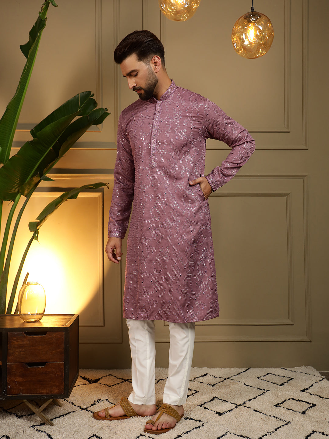 Wine Mirror Embroidery Kurta and Pajama Set for Boys