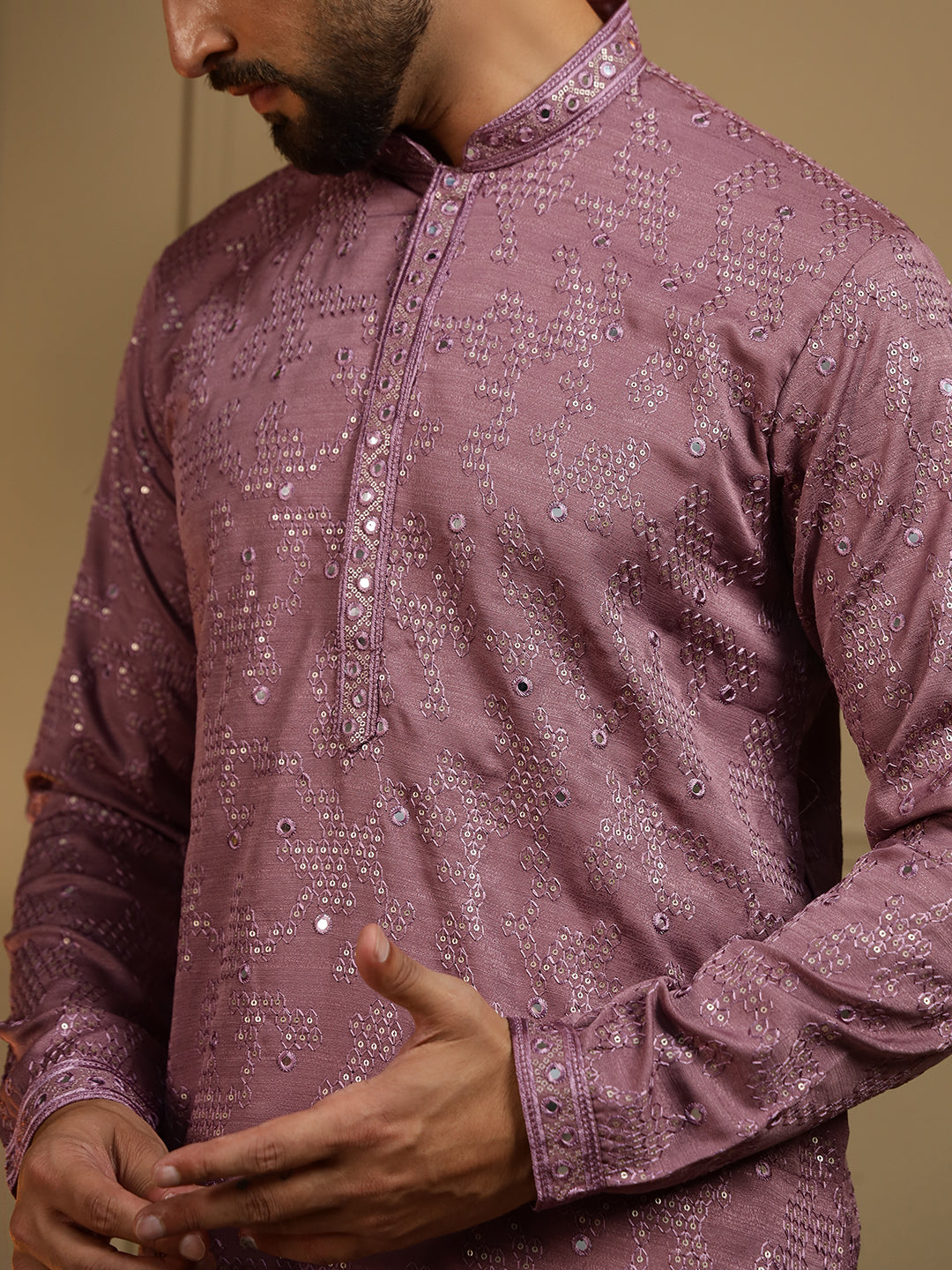 Wine Mirror Embroidery Kurta and Pajama Set for Boys