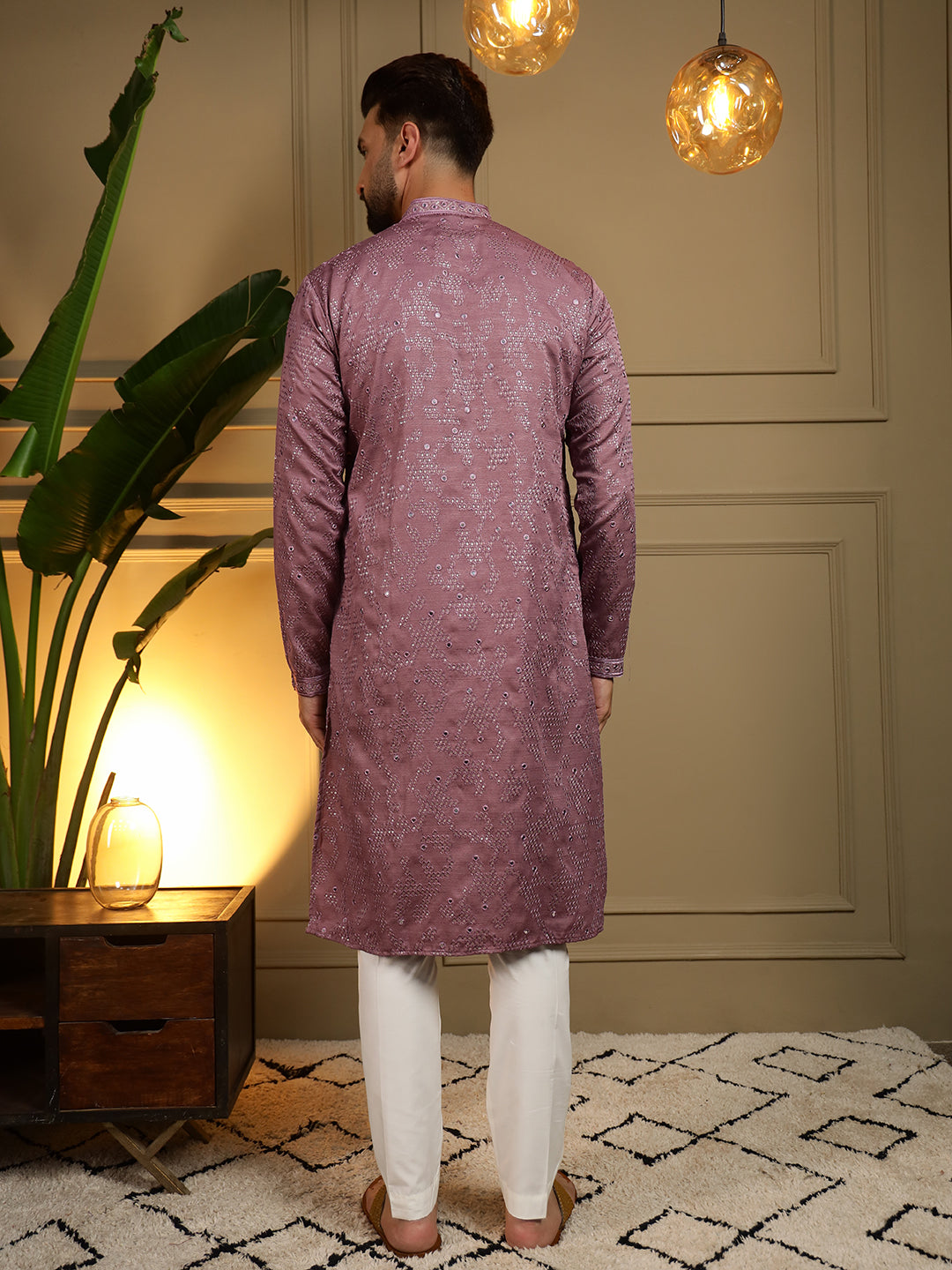 Wine Mirror Embroidery Kurta and Pajama Set for Boys