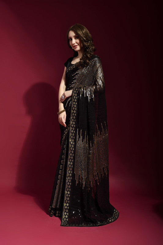 Black Sequence Embroidery Georgette Saree with Matching Blouse