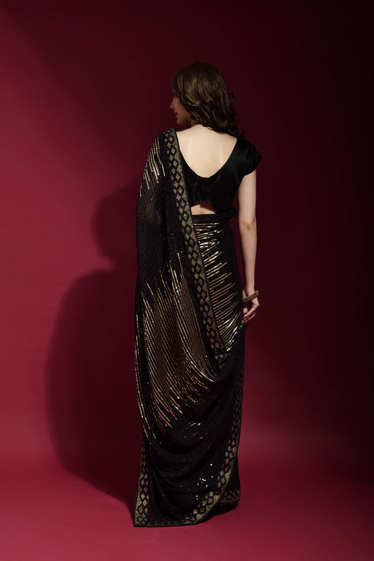 Black Sequence Embroidery Georgette Saree with Matching Blouse