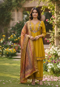 Mustard cotton silk embroidered kurta set with matching dupatta