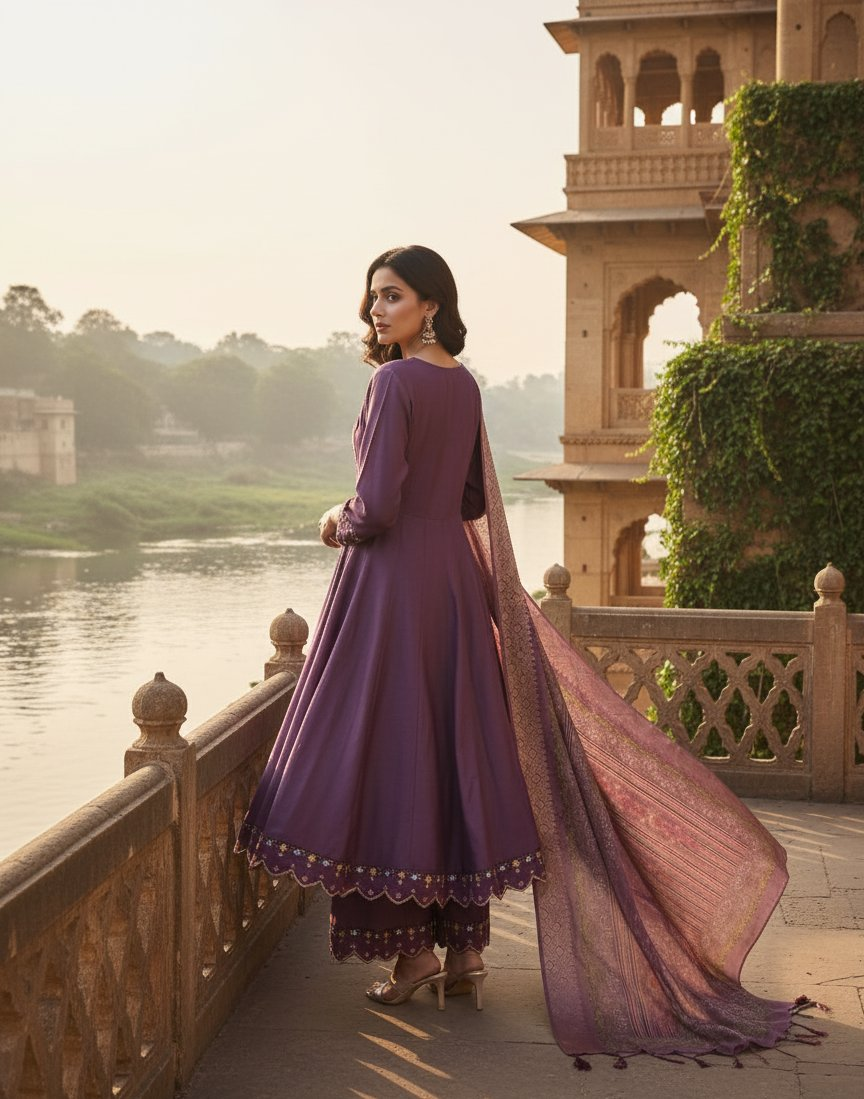 Jyoti Fashion Purple Cotton Silk Embroidered Designer Kurta Set with Dupatta
