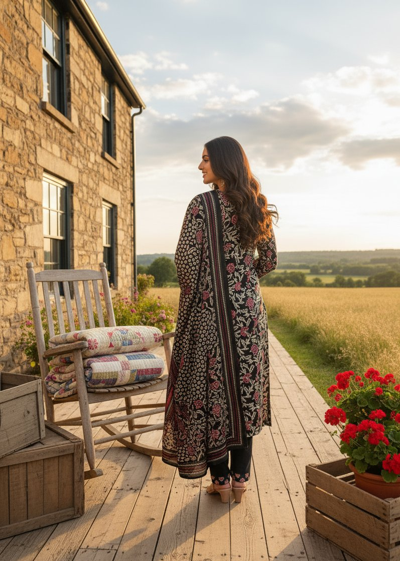 Black Cotton Silk Floral Printed Designer Kurta Set with Dupatta