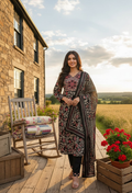 Woman wearing a black cotton silk floral printed designer kurta set with a matching dupatta