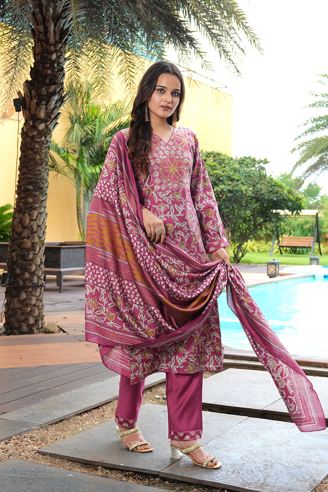 Pink Cotton Silk Floral Embroidered Kurta Set with Dupatta