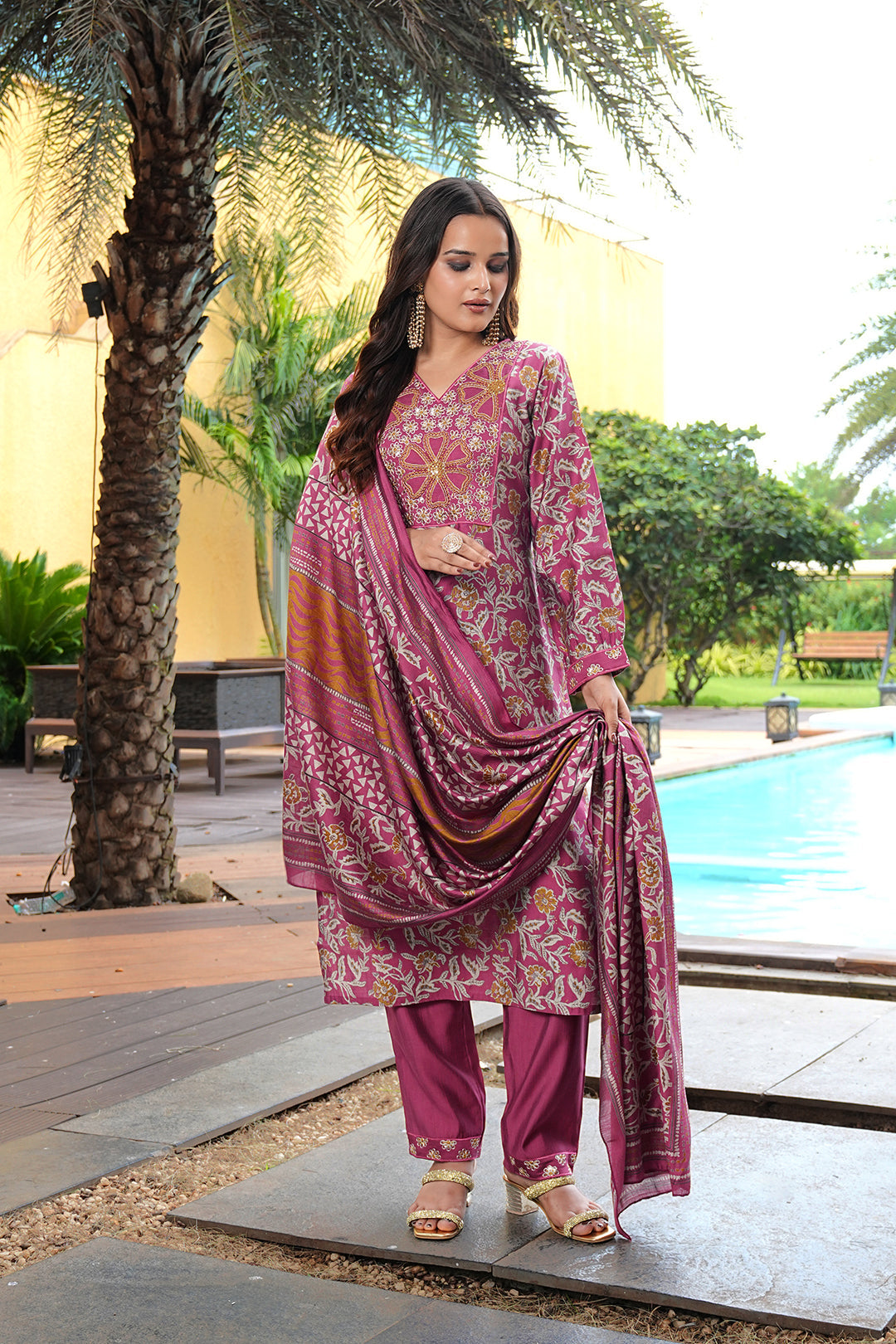 Pink Cotton Silk Floral Embroidered Kurta Set with Dupatta