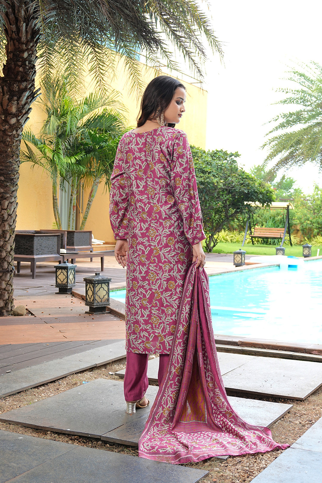 Pink Cotton Silk Floral Embroidered Kurta Set with Dupatta