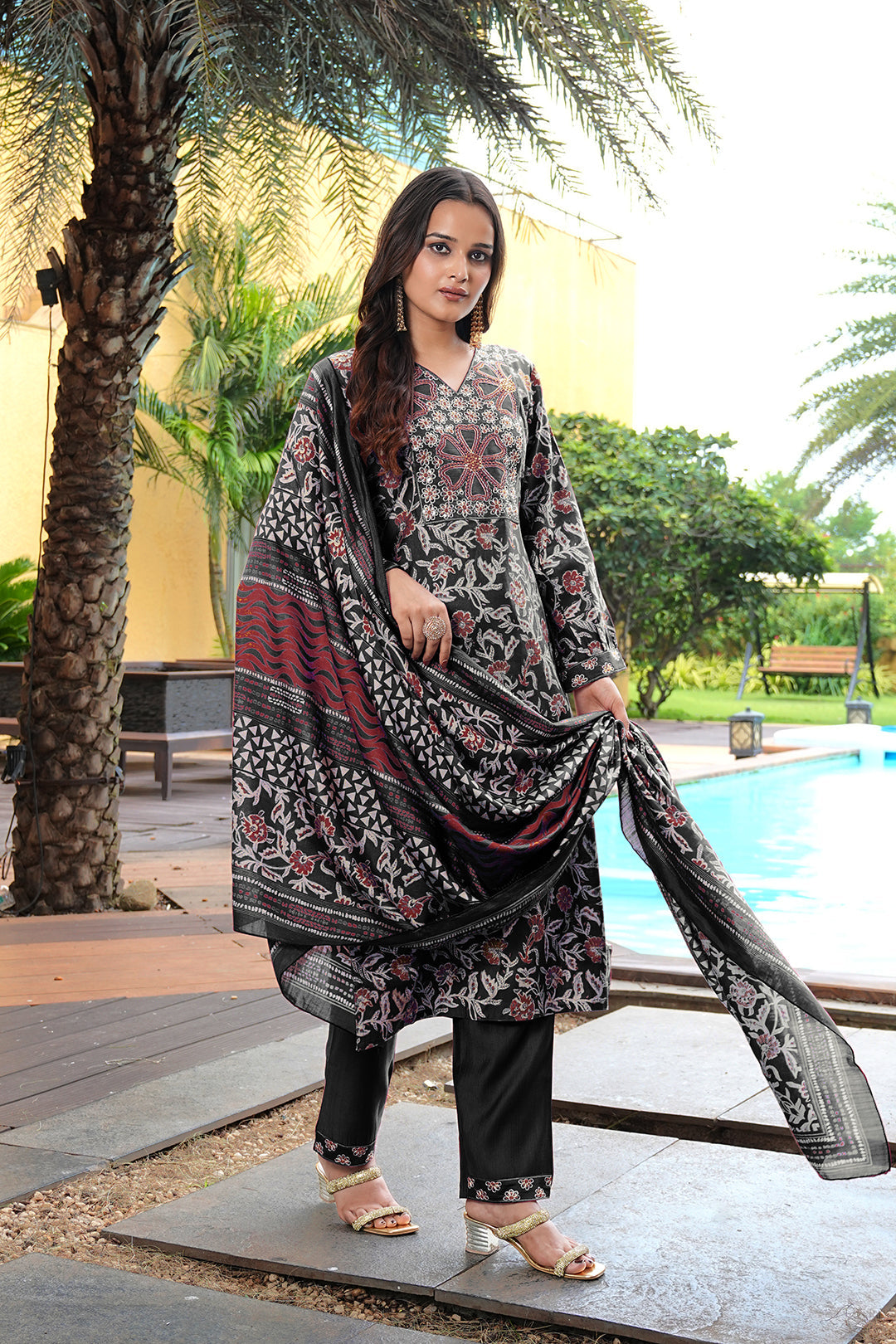 Black Cotton Silk Floral Printed Designer Kurta Set with Dupatta