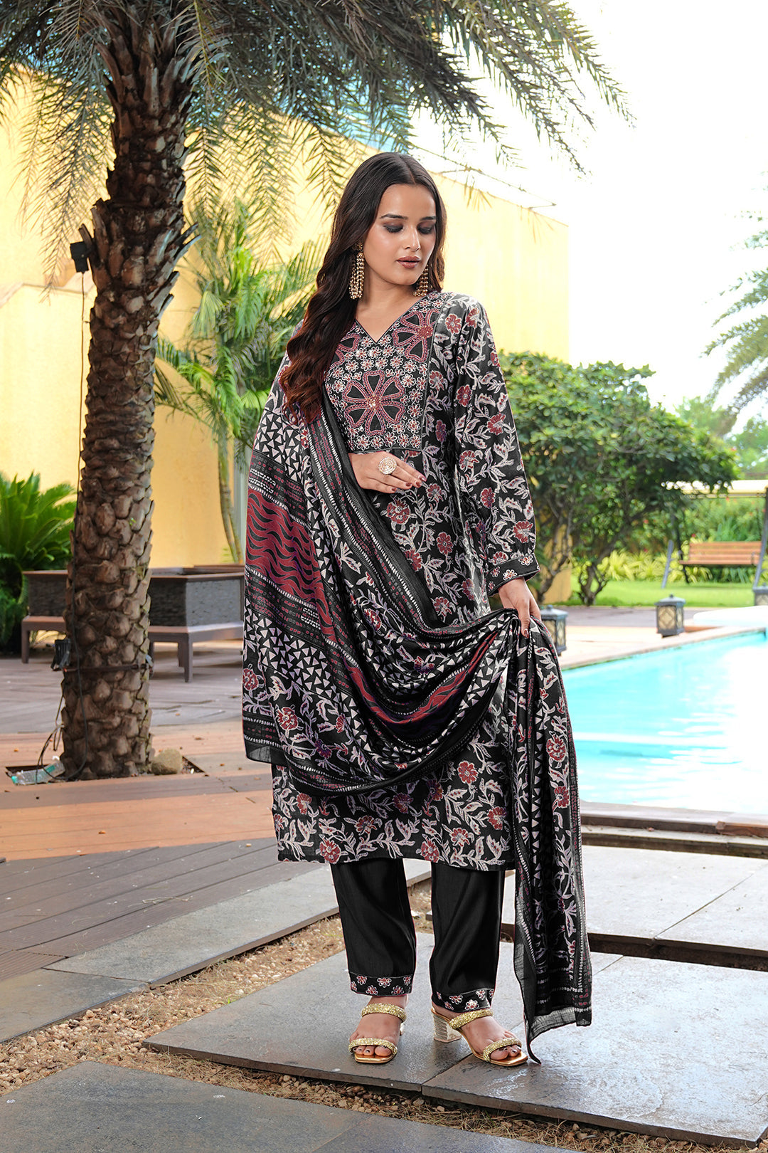 Black Cotton Silk Floral Printed Designer Kurta Set with Dupatta