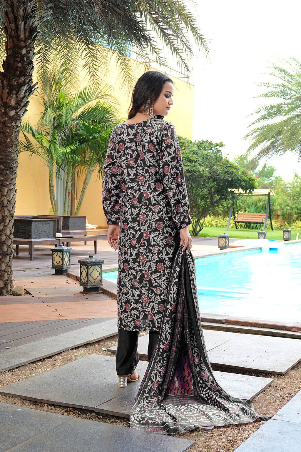Black Cotton Silk Floral Printed Designer Kurta Set with Dupatta