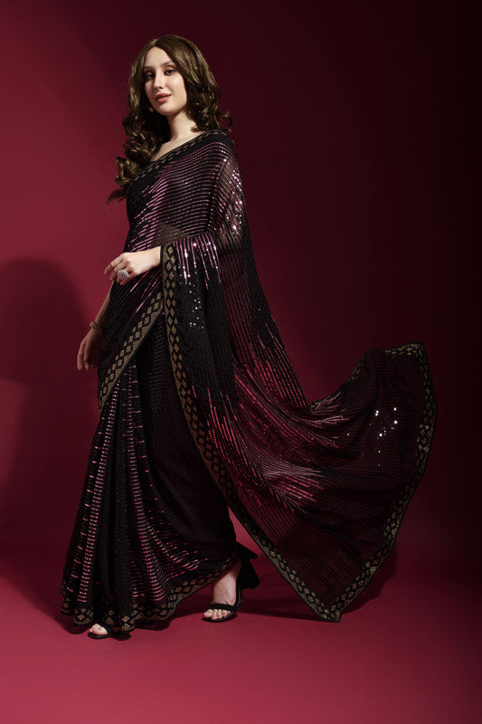 Wine Sequence Embroidery Georgette Saree with Matching Blouse