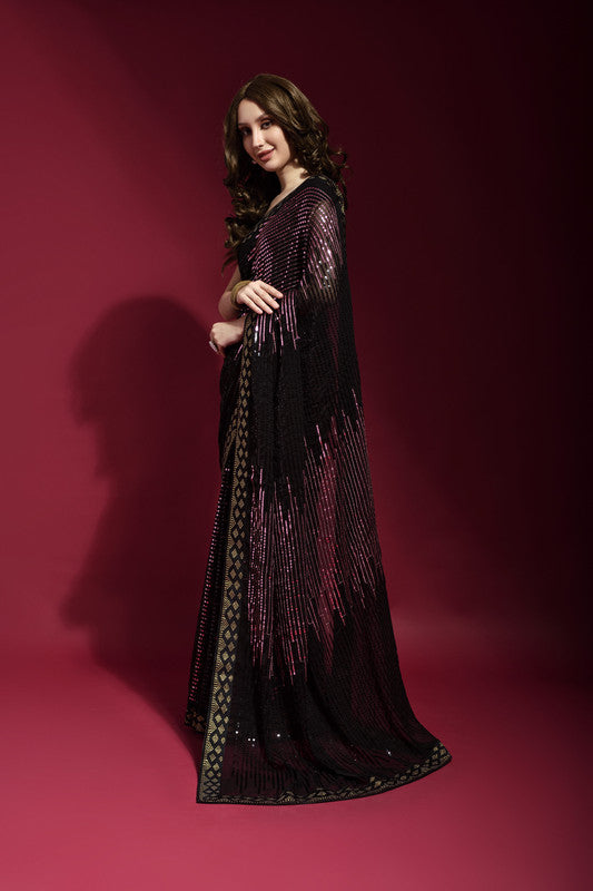 Wine Sequence Embroidery Georgette Saree with Matching Blouse
