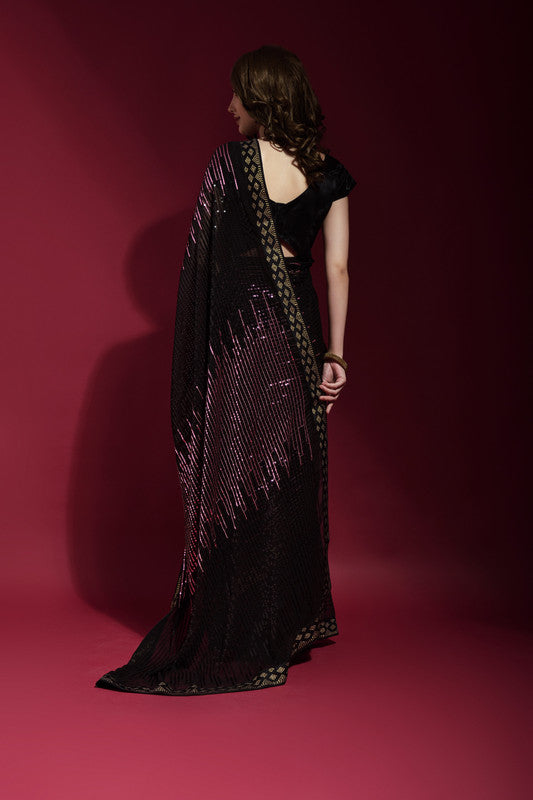 Wine Sequence Embroidery Georgette Saree with Matching Blouse