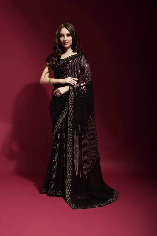 Elegant wine georgette saree featuring intricate sequin embroidery with matching blouse