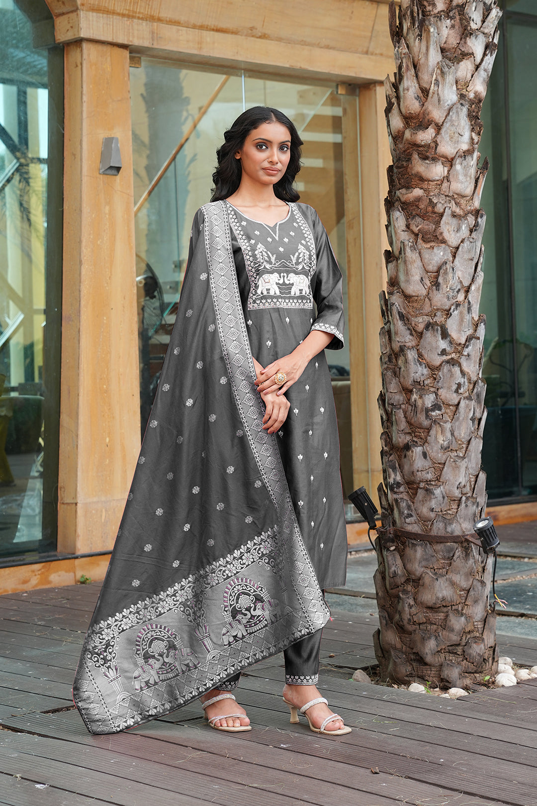 Jyoti Fashion Dark Grey Cotton Silk Embroidered Designer Kurta Set with Dupatta