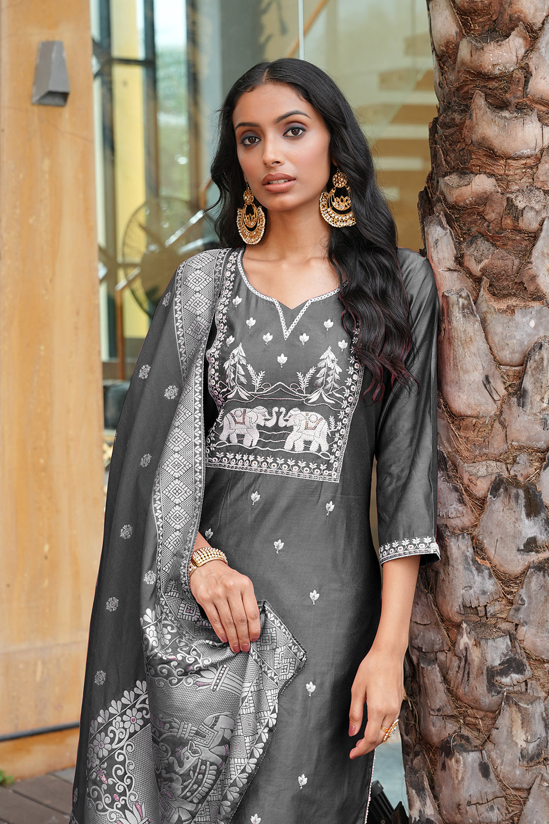 Jyoti Fashion Dark Grey Cotton Silk Embroidered Designer Kurta Set with Dupatta