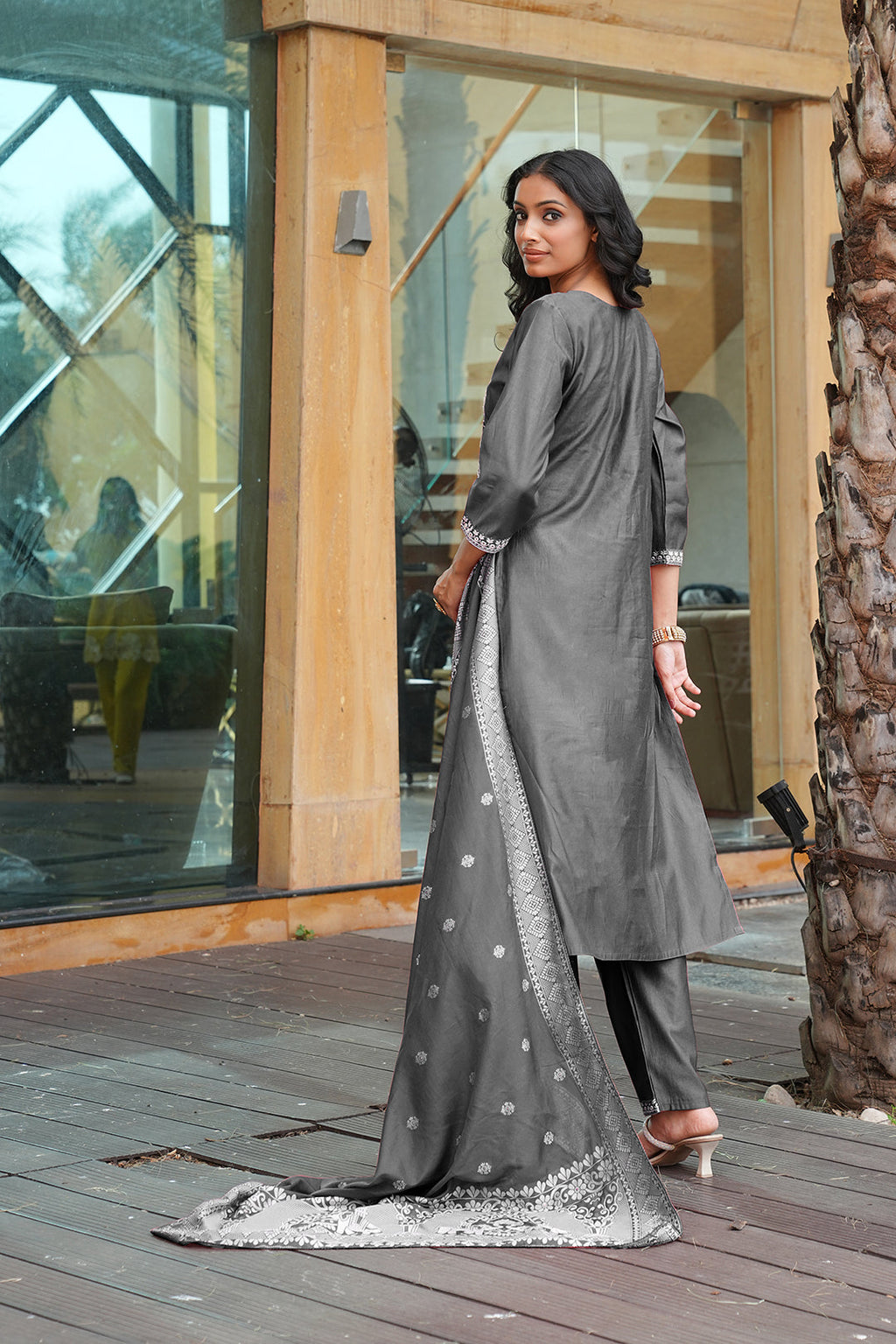 Dark Grey Cotton Silk Embroidered Kurta Set with Dupatta