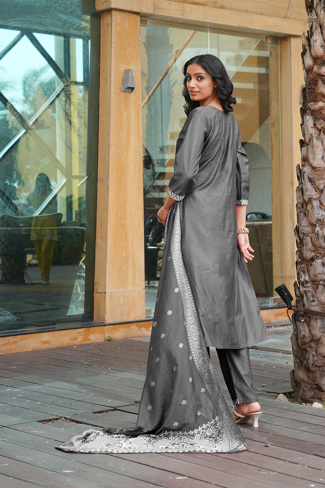 Jyoti Fashion Dark Grey Cotton Silk Embroidered Designer Kurta Set with Dupatta