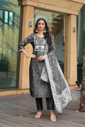 Dark grey cotton silk kurta set with intricate embroidery and matching dupatta