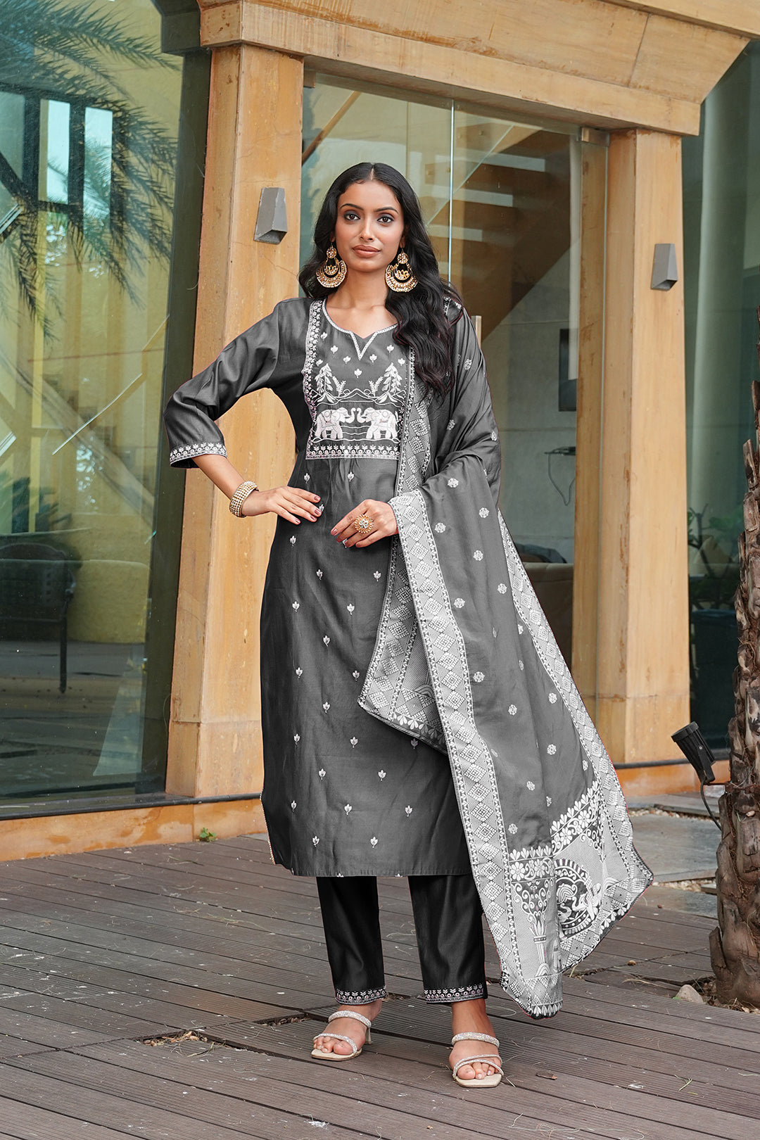Jyoti Fashion Dark Grey Cotton Silk Embroidered Designer Kurta Set with Dupatta